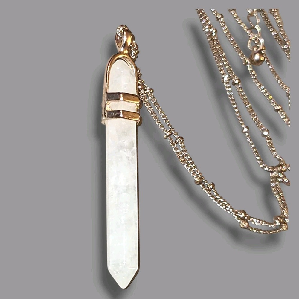 White Quartz Crystal Pendant Gold Tone Necklace 30"-34"‎